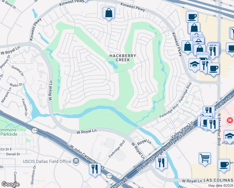 map of restaurants, bars, coffee shops, grocery stores, and more near 2132 Creekside Circle South in Irving