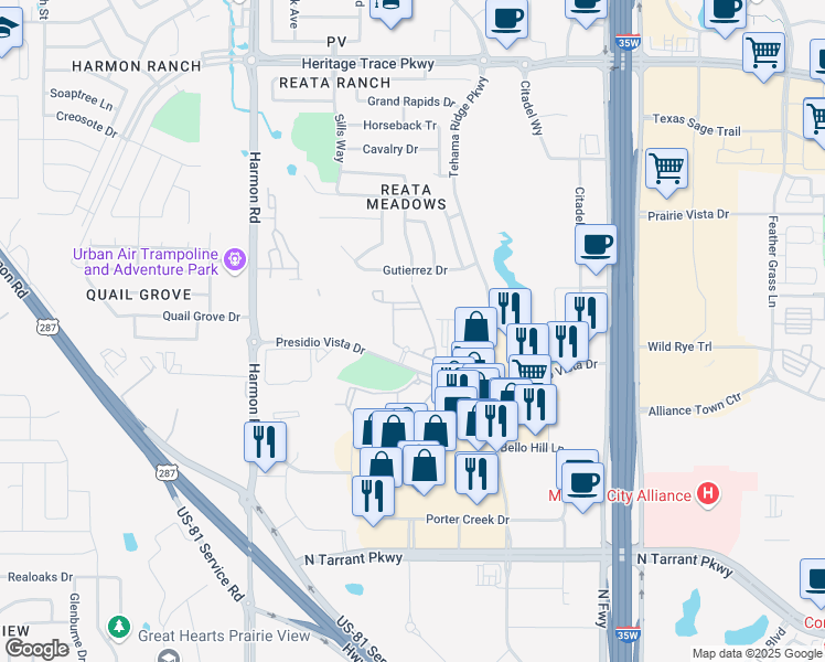 map of restaurants, bars, coffee shops, grocery stores, and more near 2399 Whistler Creek Drive in Fort Worth