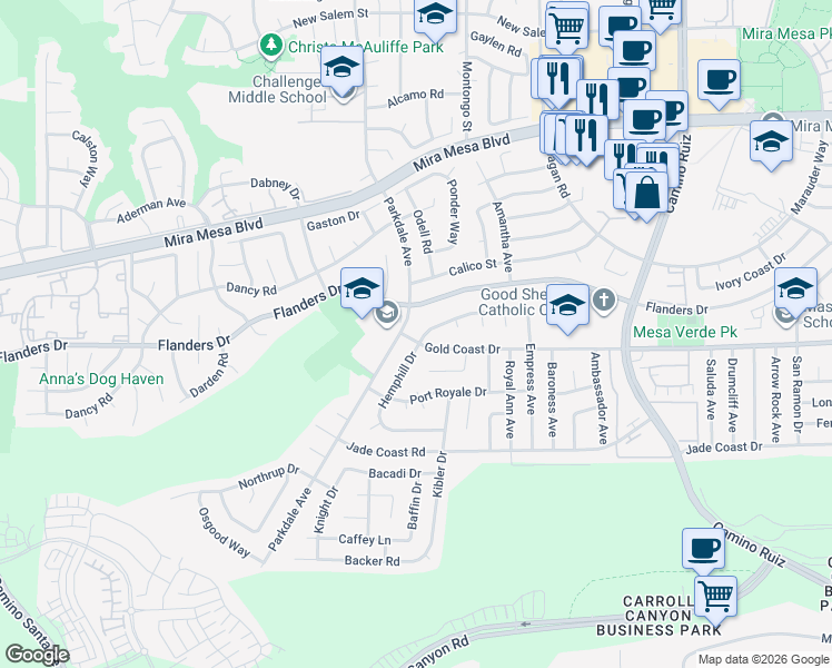 map of restaurants, bars, coffee shops, grocery stores, and more near 7906 Hemphill Drive in San Diego