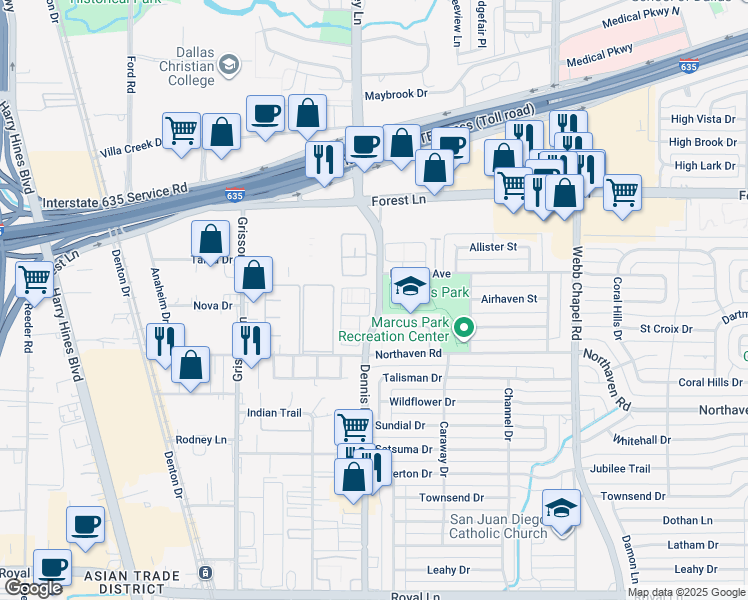 map of restaurants, bars, coffee shops, grocery stores, and more near 11467 Dennis Road in Dallas
