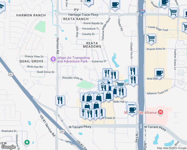 map of restaurants, bars, coffee shops, grocery stores, and more near 2399 Whistler Creek Drive in Fort Worth