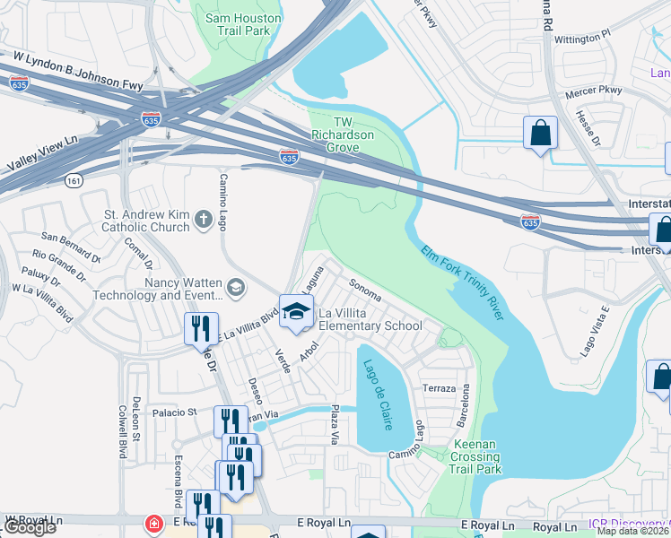 map of restaurants, bars, coffee shops, grocery stores, and more near 22 Sonoma in Irving