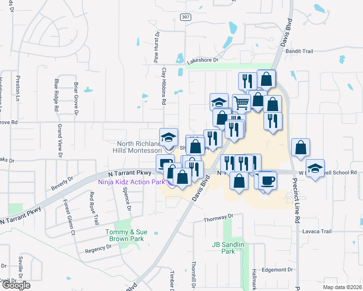 map of restaurants, bars, coffee shops, grocery stores, and more near 8825 Shady Grove Road in North Richland Hills