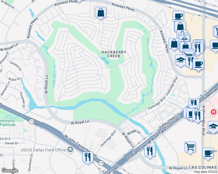 map of restaurants, bars, coffee shops, grocery stores, and more near 2132 Creekside Circle South in Irving