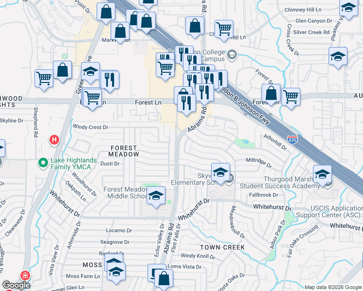 map of restaurants, bars, coffee shops, grocery stores, and more near 9504 Abrams Road in Dallas