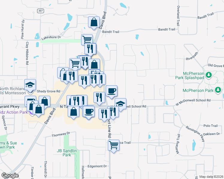 map of restaurants, bars, coffee shops, grocery stores, and more near 6611 Curtis Road in Colleyville