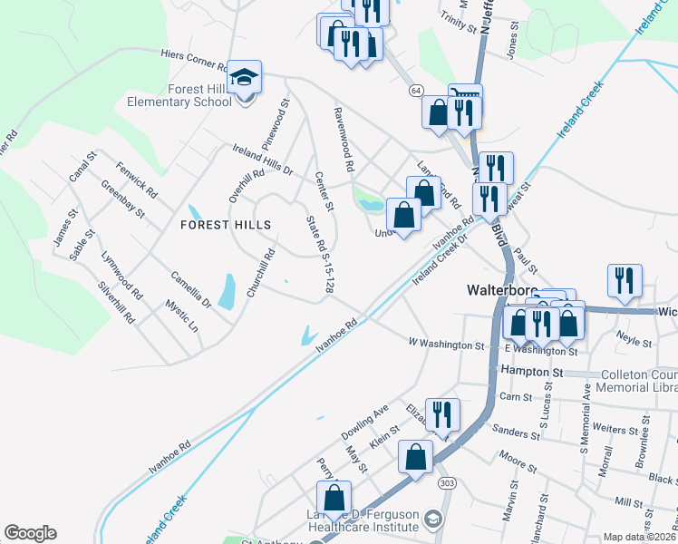 map of restaurants, bars, coffee shops, grocery stores, and more near 217 Woodlawn Street in Walterboro