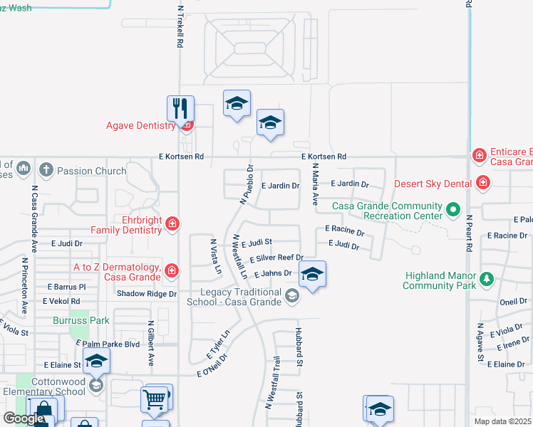 map of restaurants, bars, coffee shops, grocery stores, and more near 1224 East Palo Verde Drive in Casa Grande