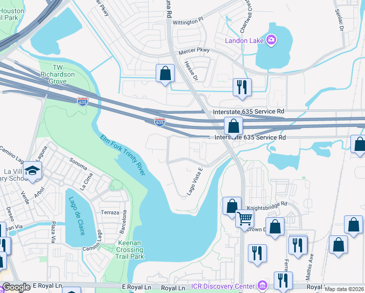 map of restaurants, bars, coffee shops, grocery stores, and more near 1561 Mira Lago Boulevard in Farmers Branch