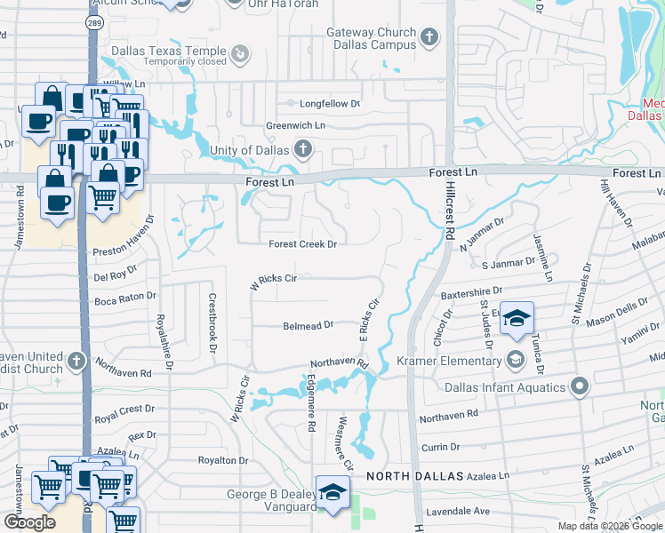 map of restaurants, bars, coffee shops, grocery stores, and more near 11565 West Ricks Circle in Dallas