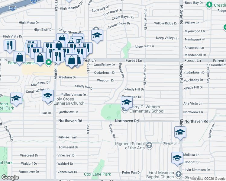 map of restaurants, bars, coffee shops, grocery stores, and more near 11423 Rosser Road in Dallas