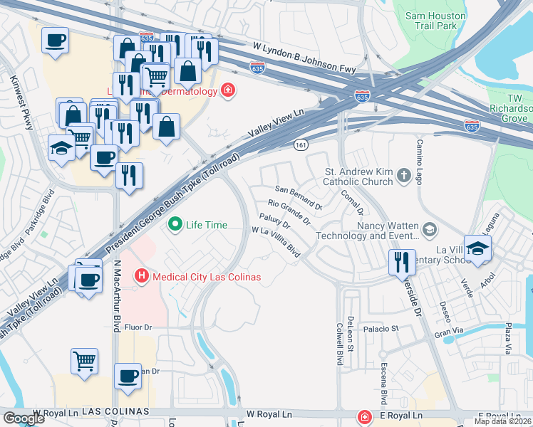 map of restaurants, bars, coffee shops, grocery stores, and more near 408 Paluxy Drive in Irving