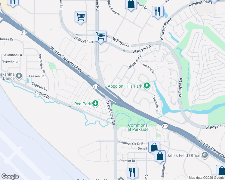 map of restaurants, bars, coffee shops, grocery stores, and more near 7232 Ridgepoint Drive in Irving