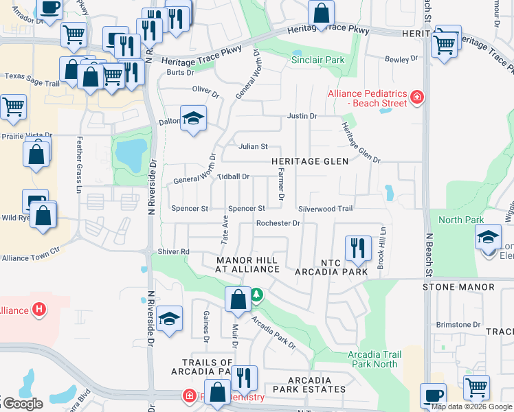 map of restaurants, bars, coffee shops, grocery stores, and more near 3920 Spencer Street in Fort Worth