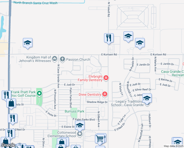 map of restaurants, bars, coffee shops, grocery stores, and more near 1913 North Avenue De Palmas in Casa Grande