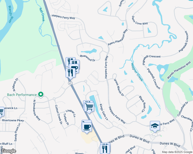 map of restaurants, bars, coffee shops, grocery stores, and more near 120 Fresh Meadow Lane in Mount Pleasant