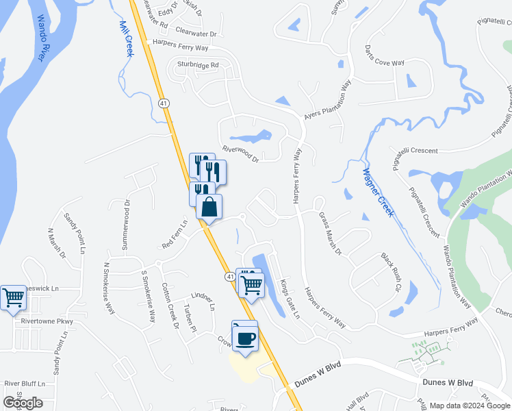 map of restaurants, bars, coffee shops, grocery stores, and more near 259 Fair Sailing in Mount Pleasant