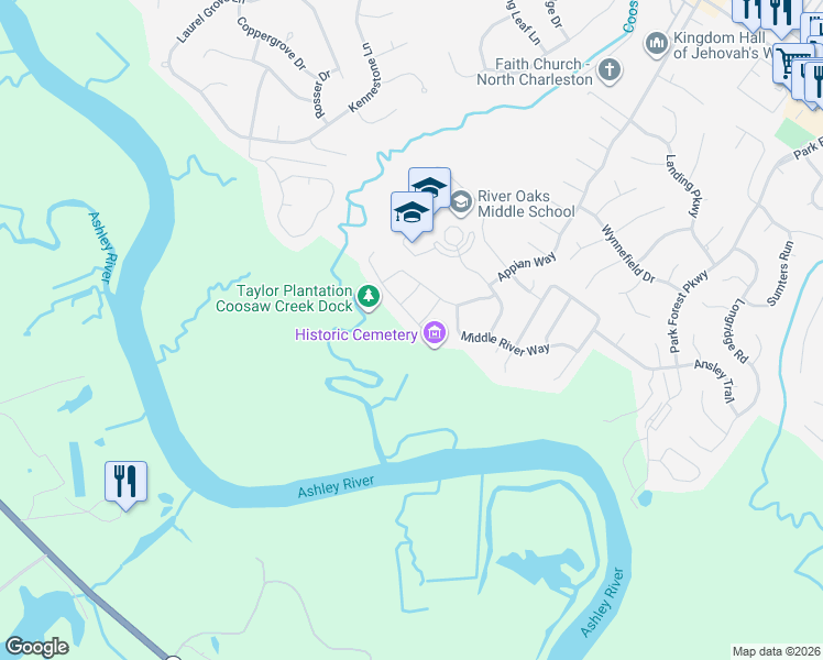 map of restaurants, bars, coffee shops, grocery stores, and more near 8509 Marsh Overlook in North Charleston