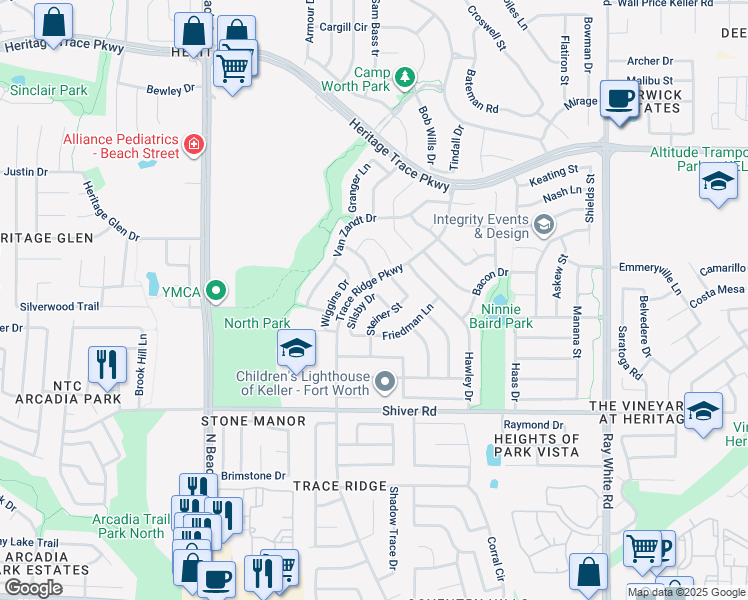 map of restaurants, bars, coffee shops, grocery stores, and more near 9013 Steiner Street in Fort Worth