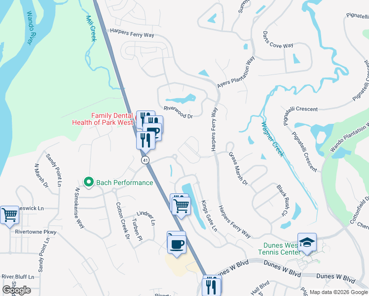 map of restaurants, bars, coffee shops, grocery stores, and more near 259 Fair Sailing in Mount Pleasant