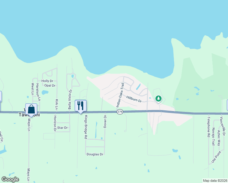 map of restaurants, bars, coffee shops, grocery stores, and more near 205 Indian Oaks Trail in West Tawakoni