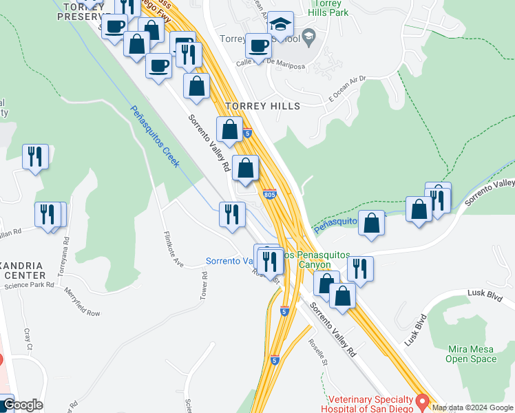 map of restaurants, bars, coffee shops, grocery stores, and more near 11199 Sorrento Valley Road in San Diego