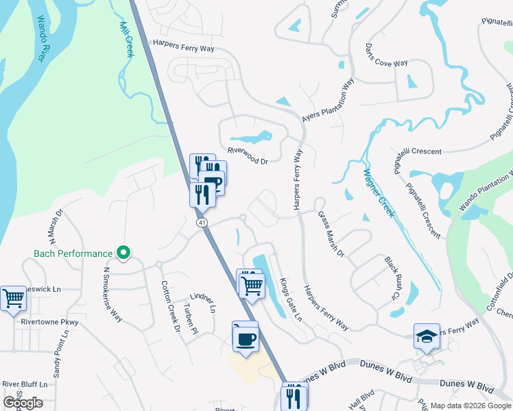 map of restaurants, bars, coffee shops, grocery stores, and more near 259 Fair Sailing in Mount Pleasant