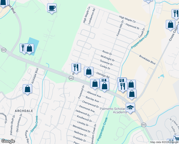 map of restaurants, bars, coffee shops, grocery stores, and more near 7749 Warsaw Road in North Charleston