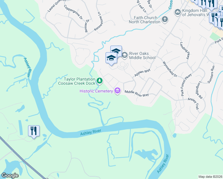 map of restaurants, bars, coffee shops, grocery stores, and more near 8509 Marsh Overlook in North Charleston