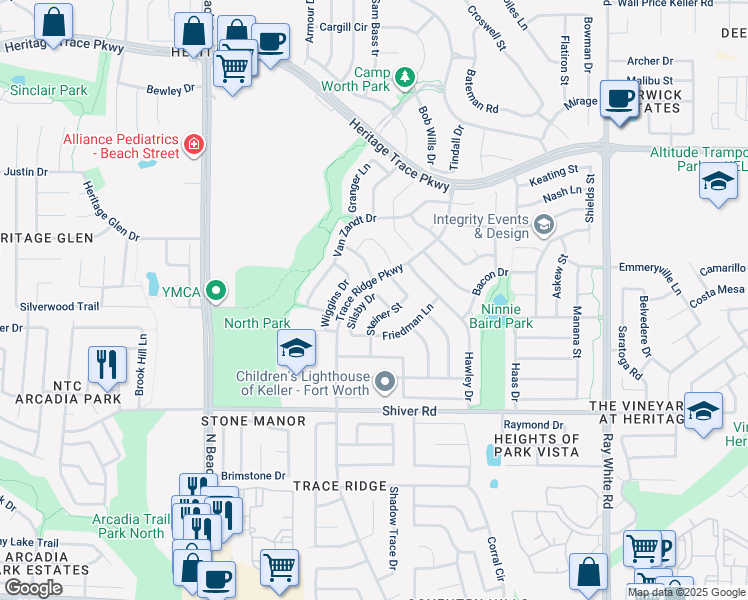 map of restaurants, bars, coffee shops, grocery stores, and more near 9013 Steiner Street in Fort Worth