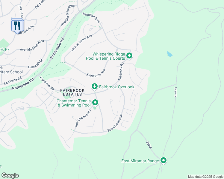 map of restaurants, bars, coffee shops, grocery stores, and more near 12611 Fairbrook Road in San Diego