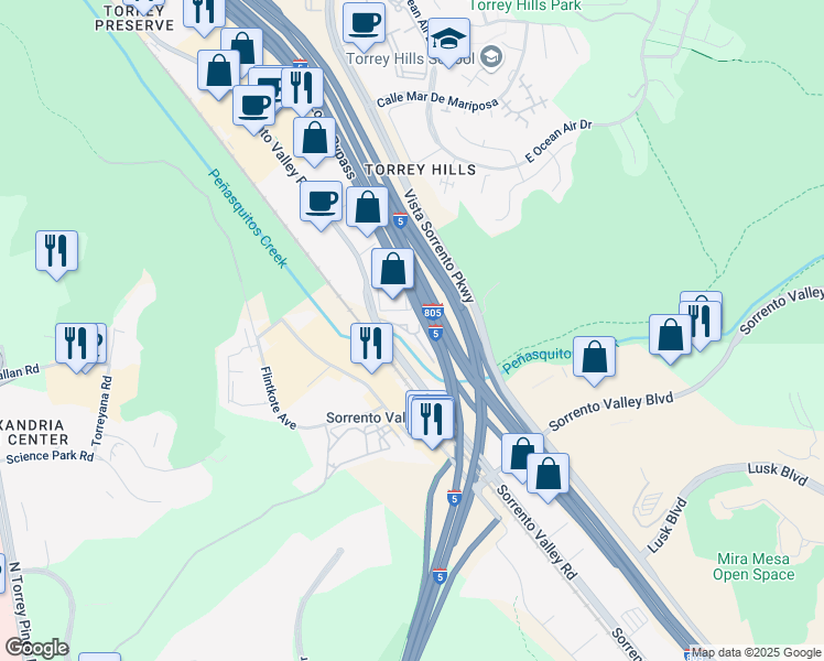 map of restaurants, bars, coffee shops, grocery stores, and more near 11199 Sorrento Valley Road in San Diego