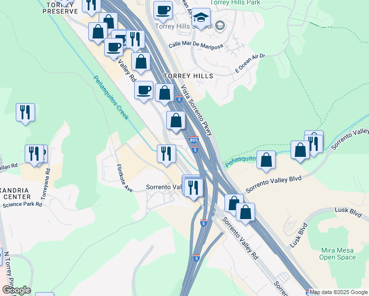 map of restaurants, bars, coffee shops, grocery stores, and more near 11189 Sorrento Valley Road in San Diego