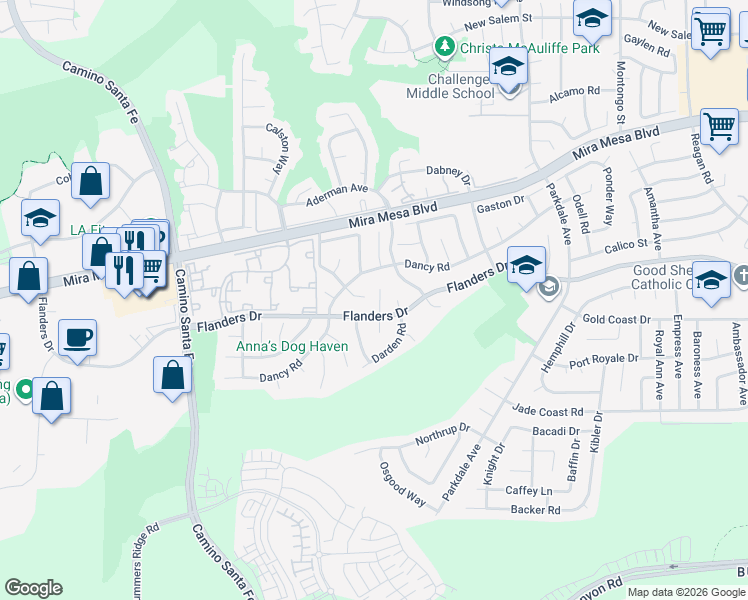 map of restaurants, bars, coffee shops, grocery stores, and more near 10434 Cheviot Court in San Diego