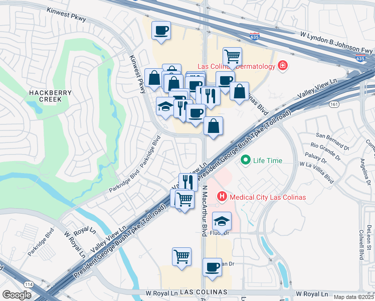 map of restaurants, bars, coffee shops, grocery stores, and more near 888 Kinwest Parkway in Irving