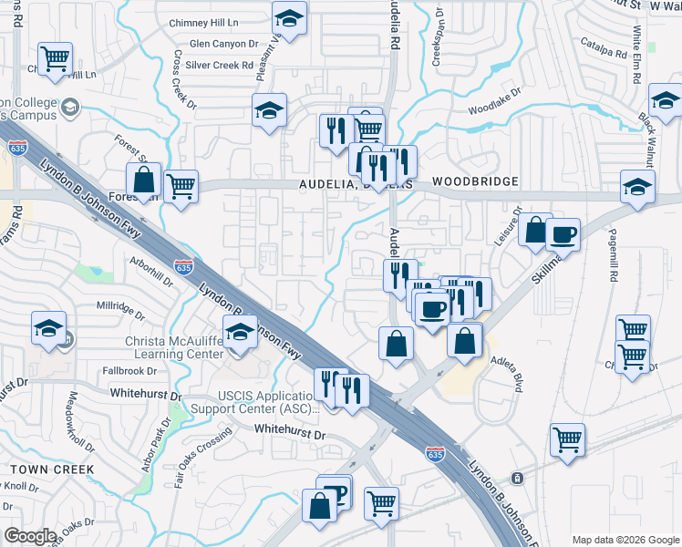 map of restaurants, bars, coffee shops, grocery stores, and more near 9832 Summerwood Circle in Dallas