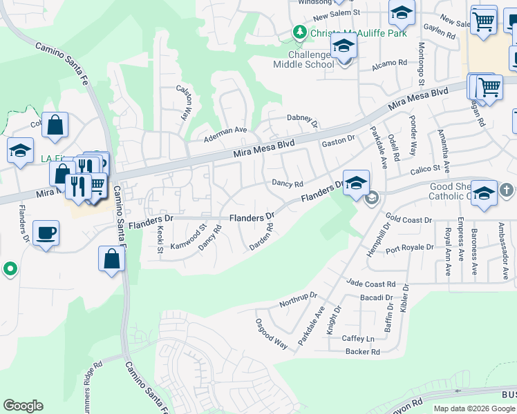 map of restaurants, bars, coffee shops, grocery stores, and more near 10394 Darden Road in San Diego