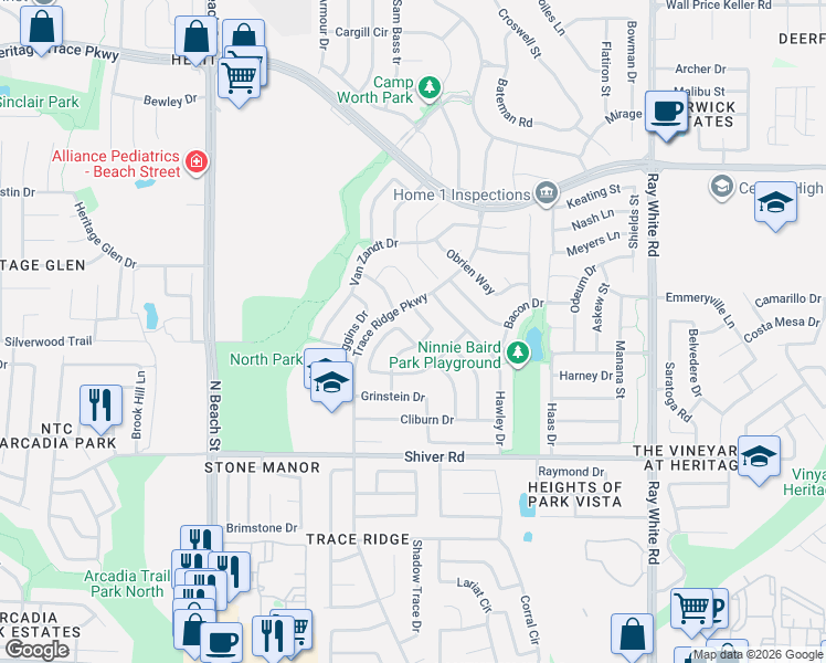 map of restaurants, bars, coffee shops, grocery stores, and more near 9013 Steiner Street in Fort Worth