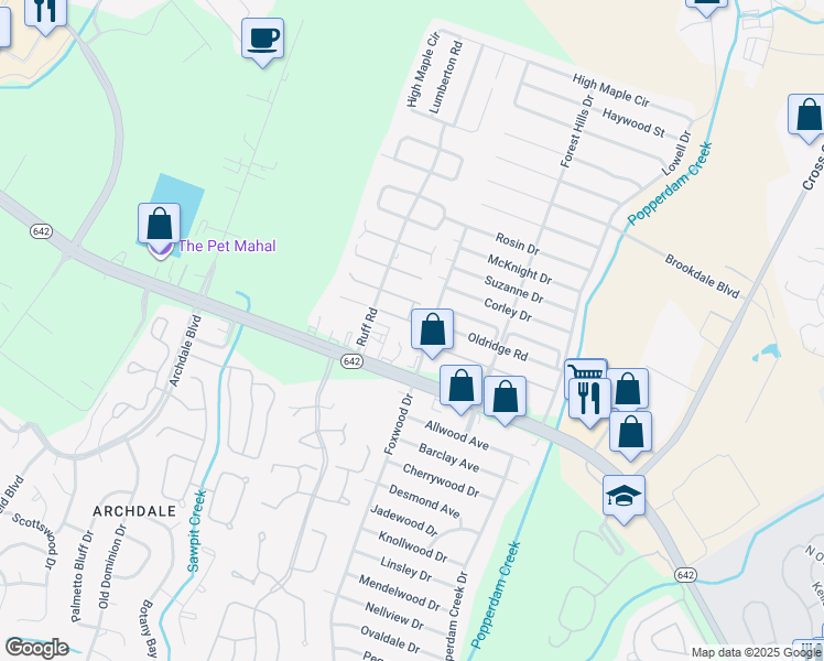 map of restaurants, bars, coffee shops, grocery stores, and more near 7749 Warsaw Road in North Charleston
