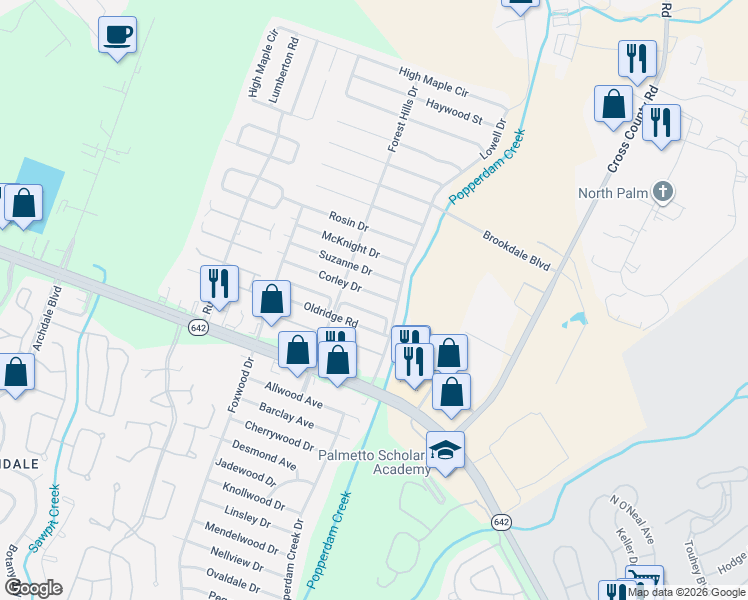 map of restaurants, bars, coffee shops, grocery stores, and more near 7631 Valleyview Circle in North Charleston