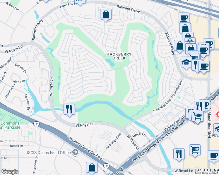 map of restaurants, bars, coffee shops, grocery stores, and more near 2144 Creekside Circle North in Irving