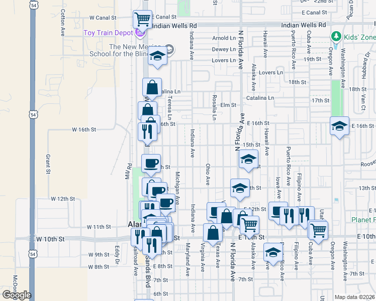 map of restaurants, bars, coffee shops, grocery stores, and more near 411 14th Street in Alamogordo