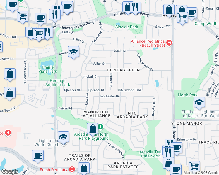 map of restaurants, bars, coffee shops, grocery stores, and more near 9109 Farmer Drive in Fort Worth