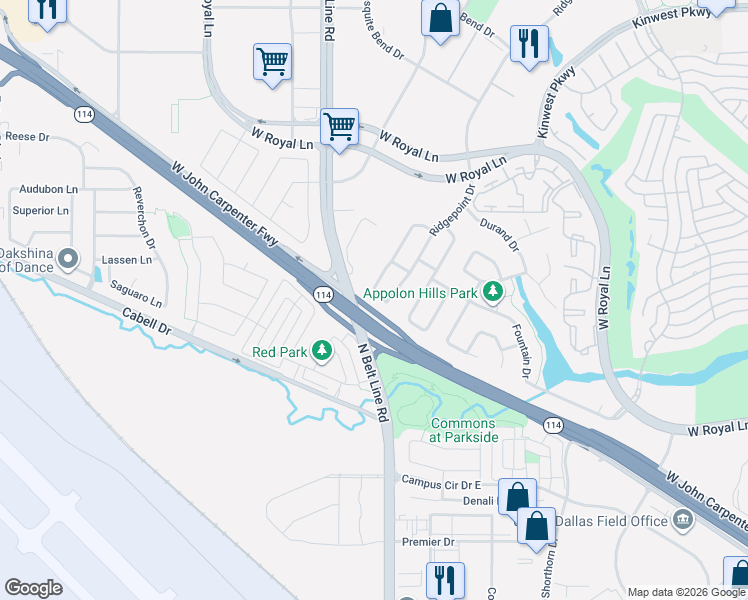 map of restaurants, bars, coffee shops, grocery stores, and more near 7232 Ridgepoint Drive in Irving