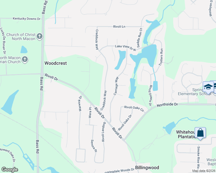 map of restaurants, bars, coffee shops, grocery stores, and more near 1195 Craddock Way in Macon