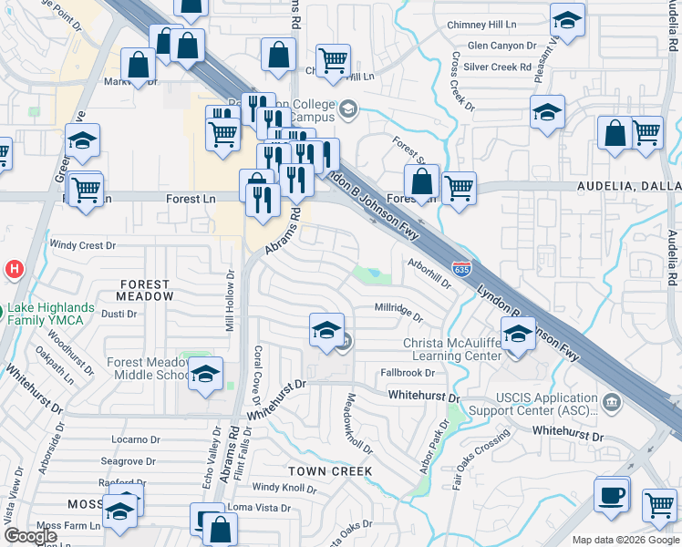 map of restaurants, bars, coffee shops, grocery stores, and more near 9430 Meadowknoll Drive in Dallas