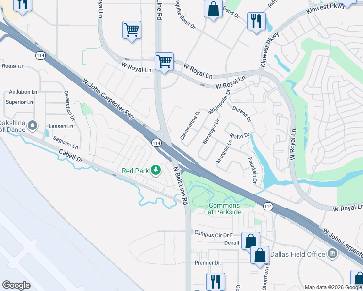 map of restaurants, bars, coffee shops, grocery stores, and more near 7232 Ridgepoint Drive in Irving