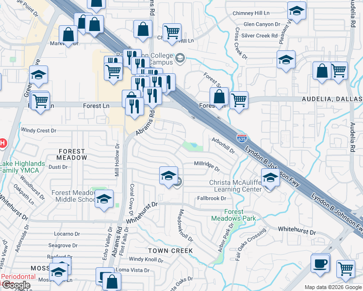 map of restaurants, bars, coffee shops, grocery stores, and more near 9054 Forest Springs Drive in Dallas