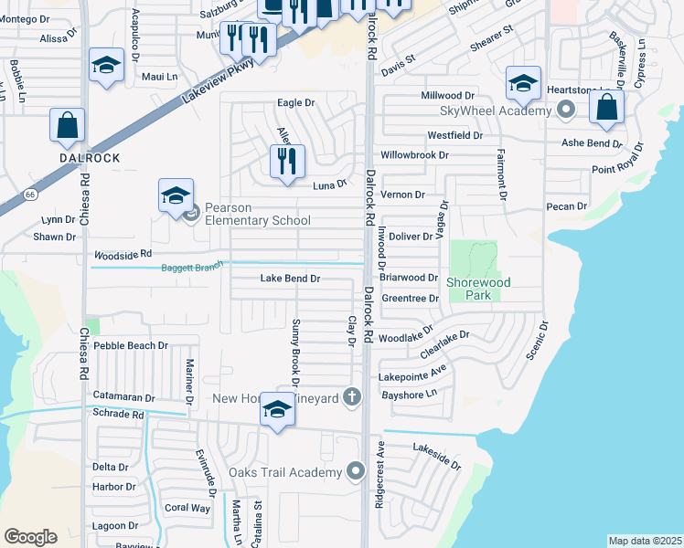 map of restaurants, bars, coffee shops, grocery stores, and more near 8409 Lake Bend Drive in Rowlett