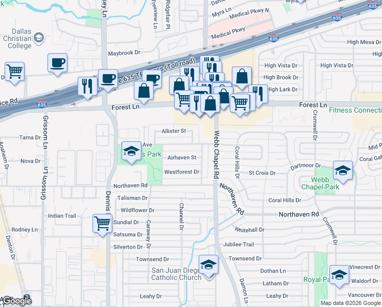 map of restaurants, bars, coffee shops, grocery stores, and more near 3042 Airhaven Street in Dallas